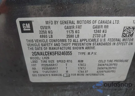 2015 Chevrolet Equinox 2Lt z USA, uszkodzony, nr VIN 2GNALCEK5F6246055